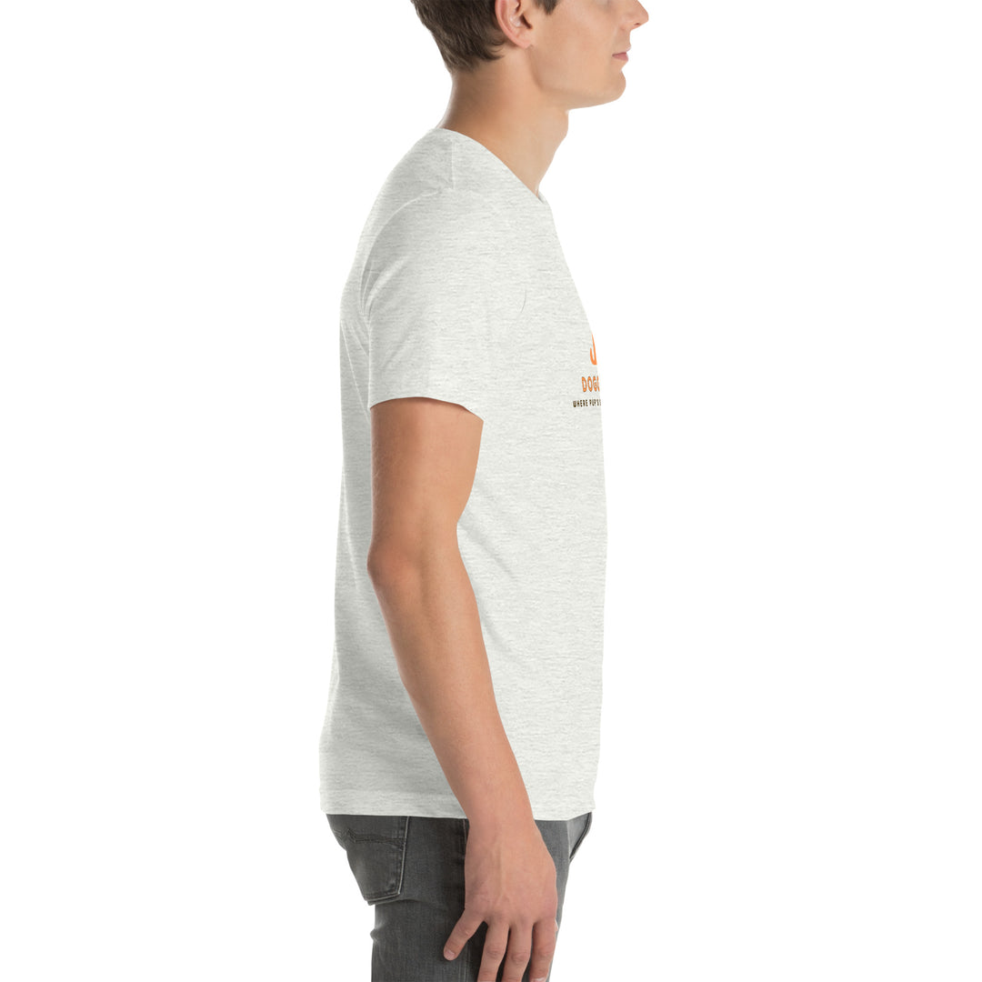 Person wearing an ash white  t-shirt with a logo on a white background