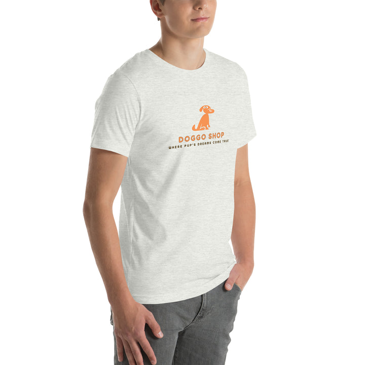 Person wearing an ash white t-shirt with a logo and text on a white background