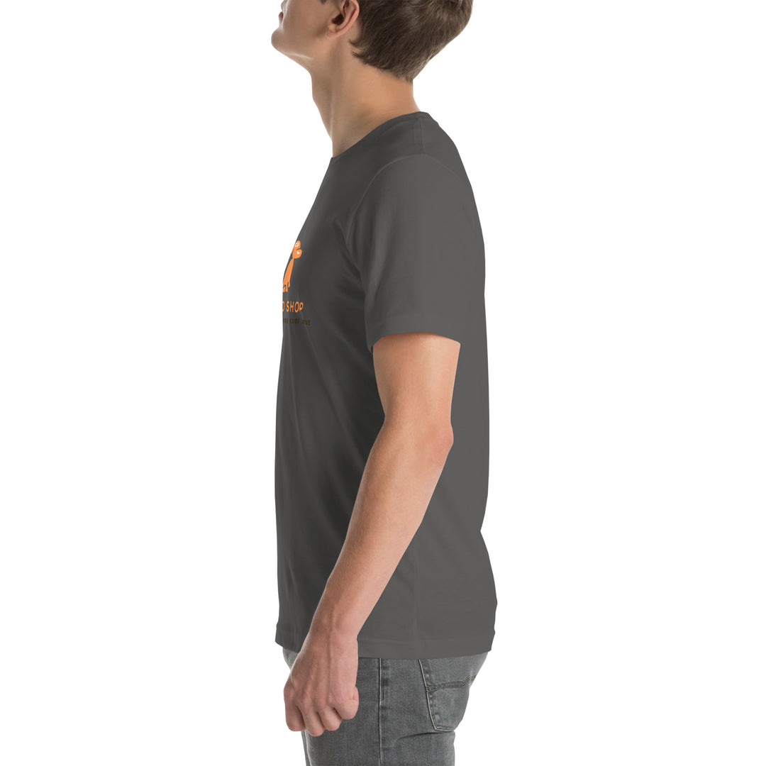 Person wearing a dark gray t-shirt with a logo on a white background