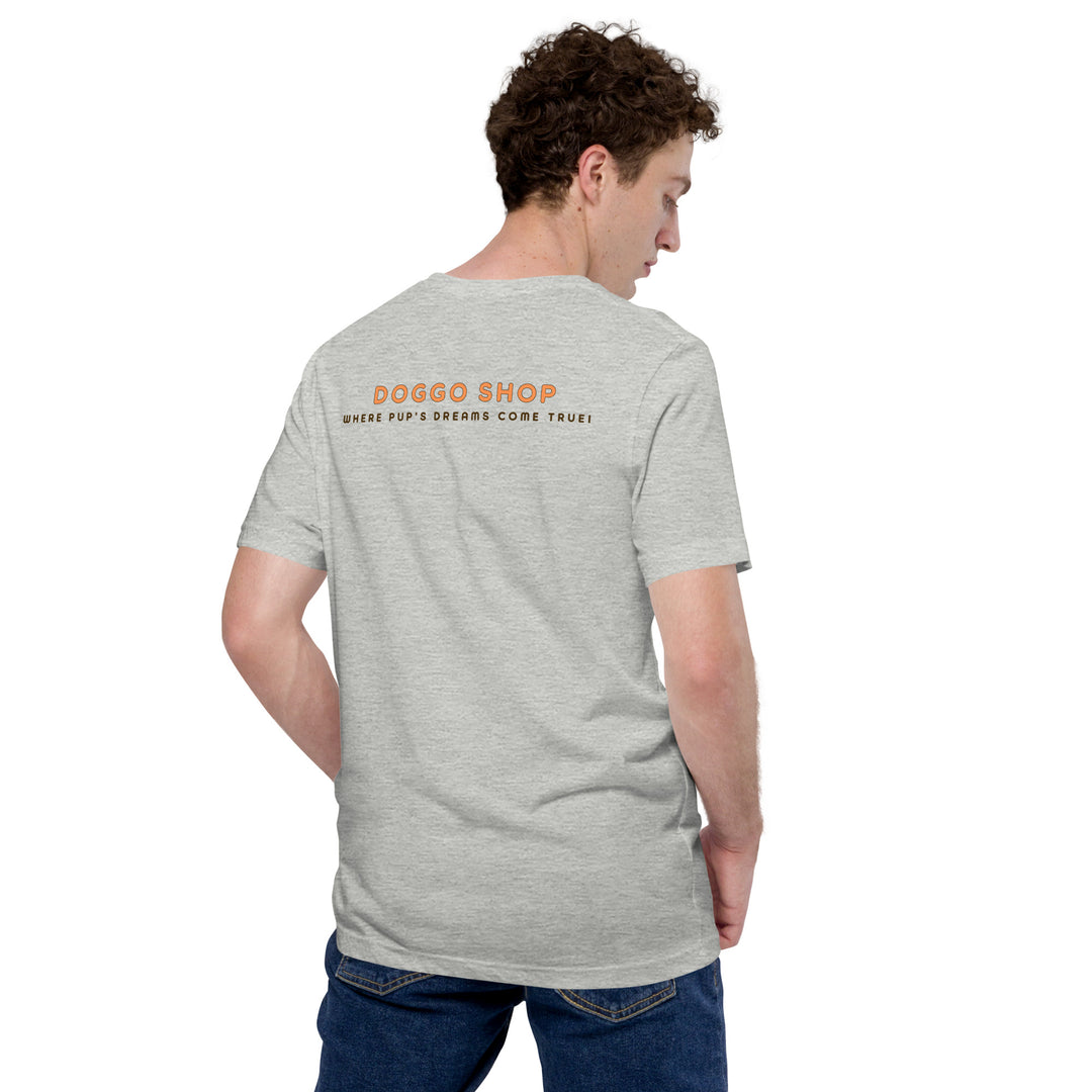 Person wearing a gray t-shirt with 'Doggoshop' text on the back, standing against a white background