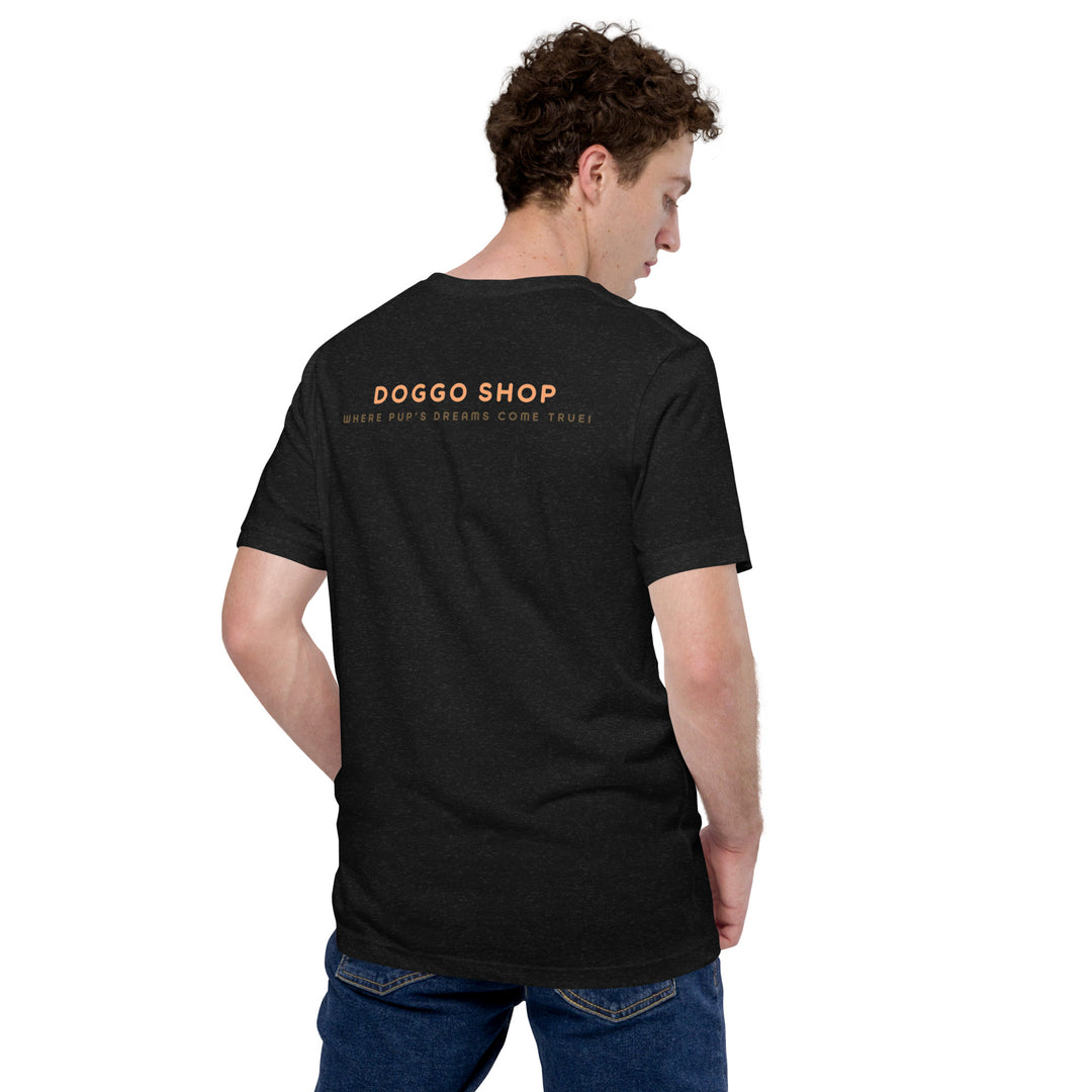 Person wearing a black t-shirt with 'DOGGO SHOP' text on the back, standing against a white background