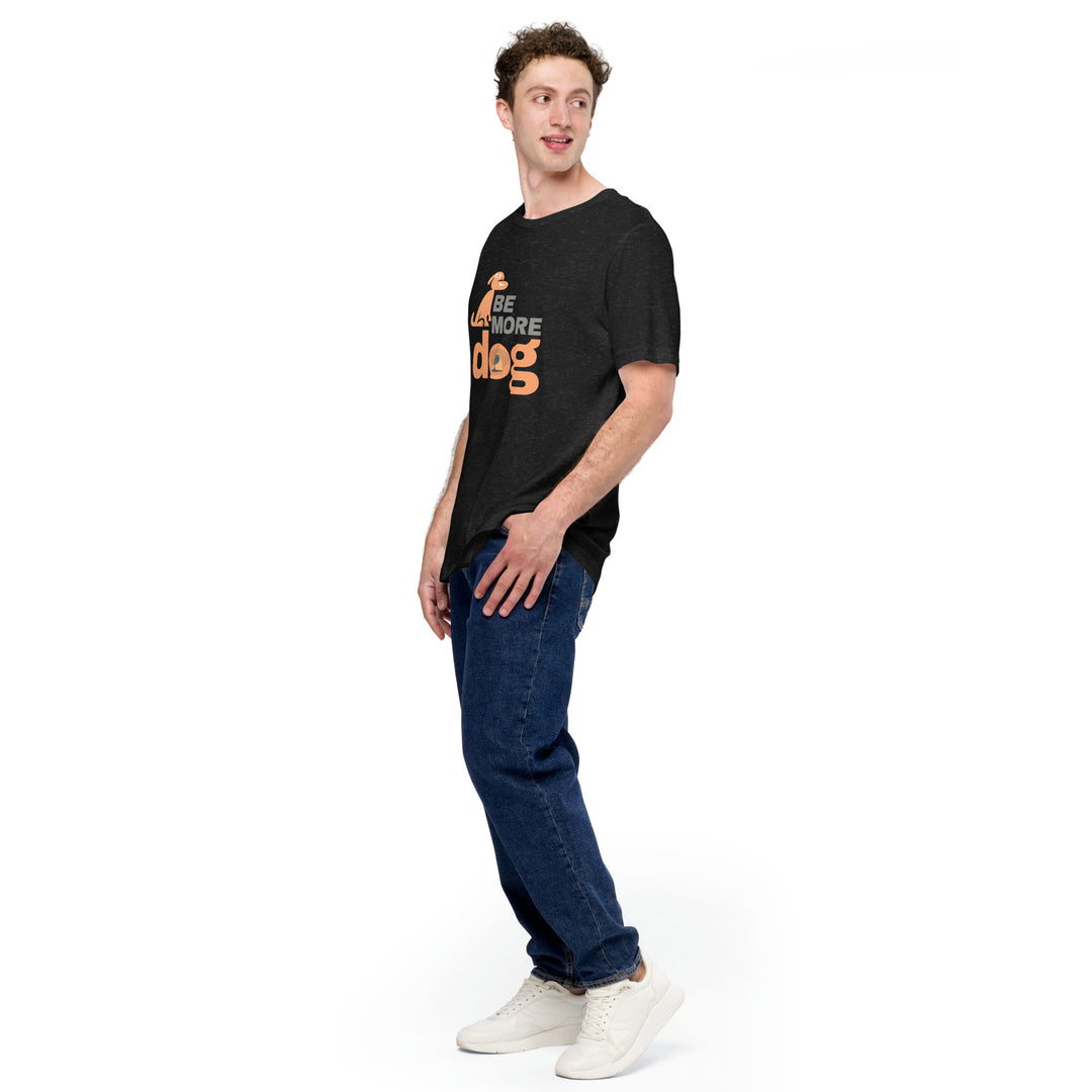 Person wearing a black t-shirt with text and blue jeans on a white background