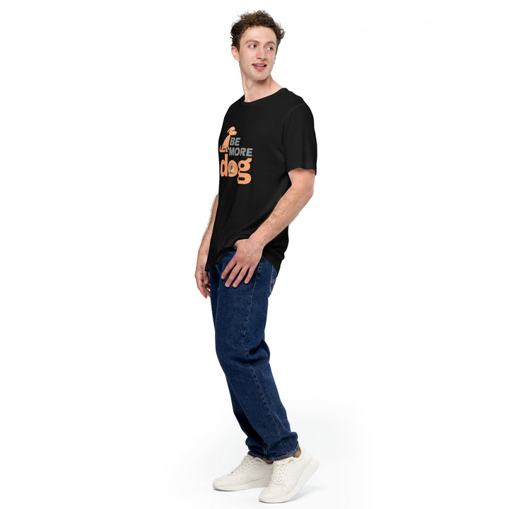 Person wearing a black t-shirt with text and blue jeans on a white background