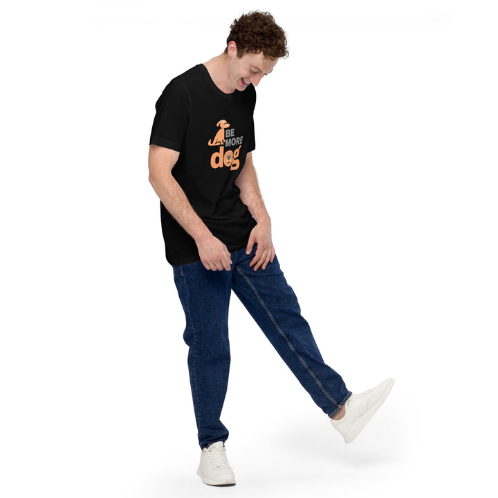 Person wearing a black t-shirt with text and blue jeans on a white background