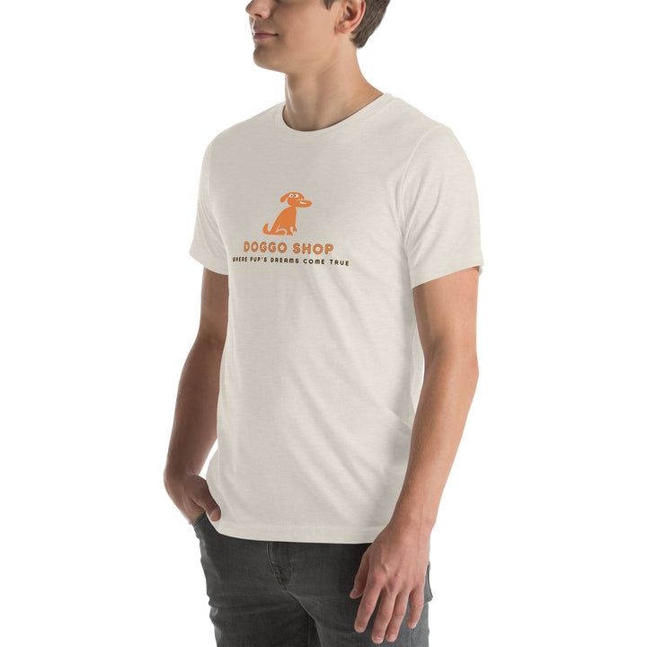 Person wearing a white t-shirt with a logo and text on a white background
