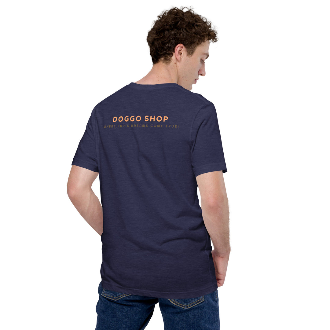 Man wearing a navy blue t-shirt with 'DOGGO SHOP' printed on the back against a white background