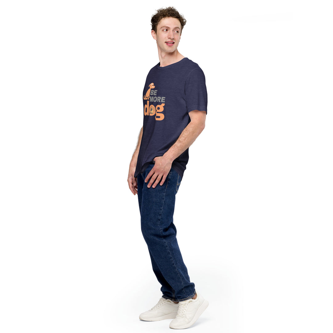 Man wearing a navy blue t-shirt with text and jeans on a white background