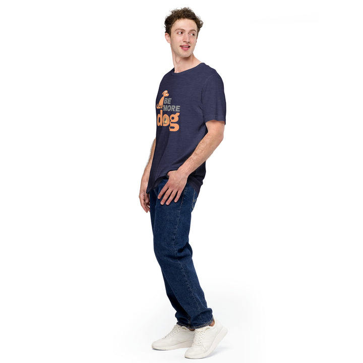 Man wearing a navy blue t-shirt with text and jeans on a white background