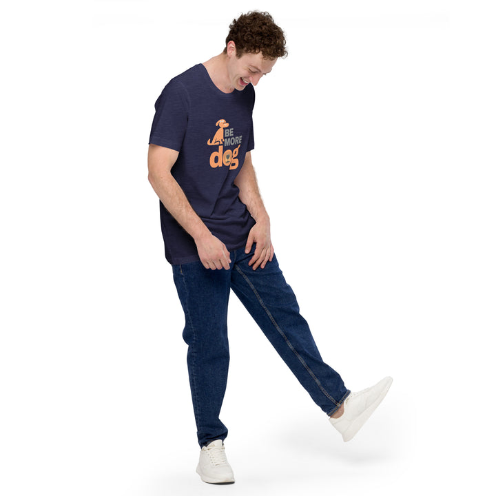 Person wearing a navy t-shirt with text and jeans on a white background