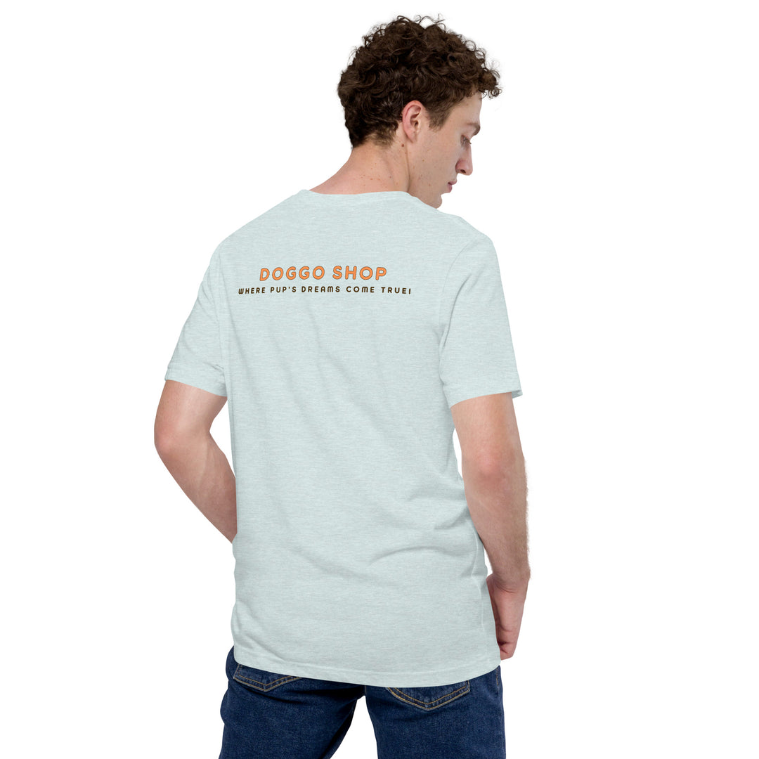 Person in light blue t-shirt with 'Doggoshop' on back, standing against a white background.