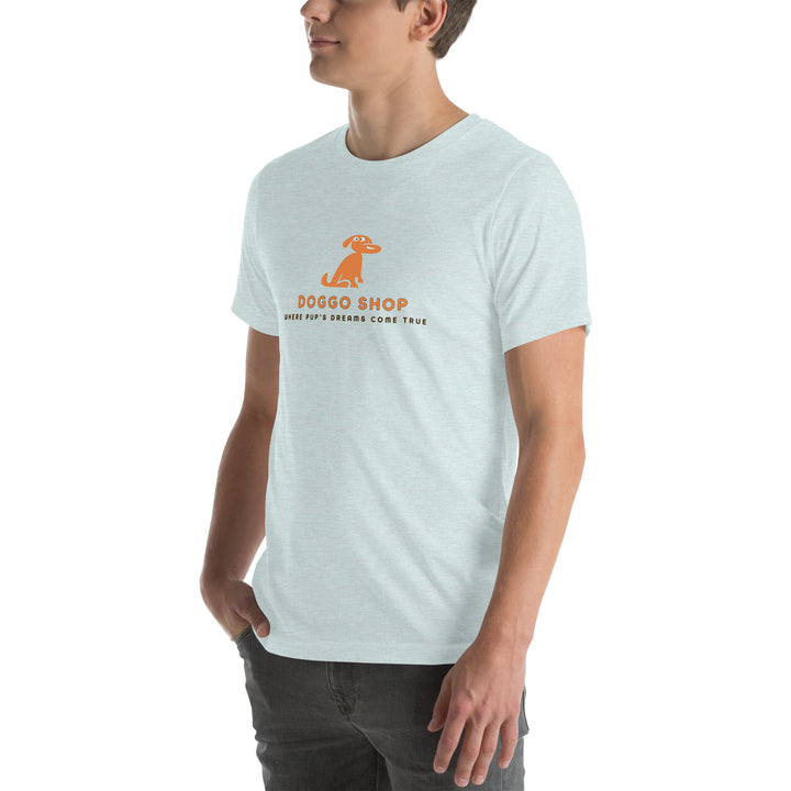 Person wearing a light blue t-shirt with doggo shop logo on a white background