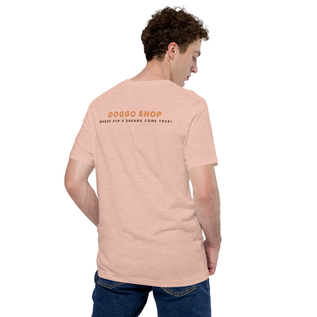 Person wearing a light pink t-shirt with 'Doggoshop' text on the back, standing against a white background.