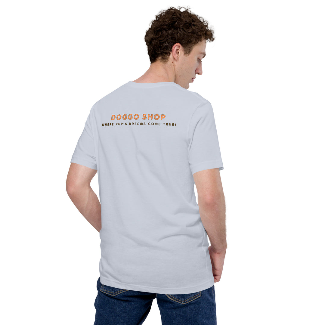Person wearing a light gray t-shirt with 'Doggoshop' logo on the back, standing against a white background.