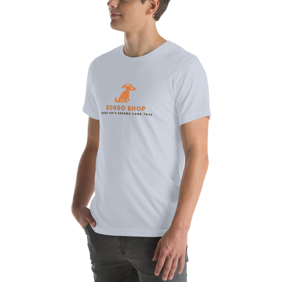 Person wearing a light gray t-shirt with doggo shop logo and text on a white background