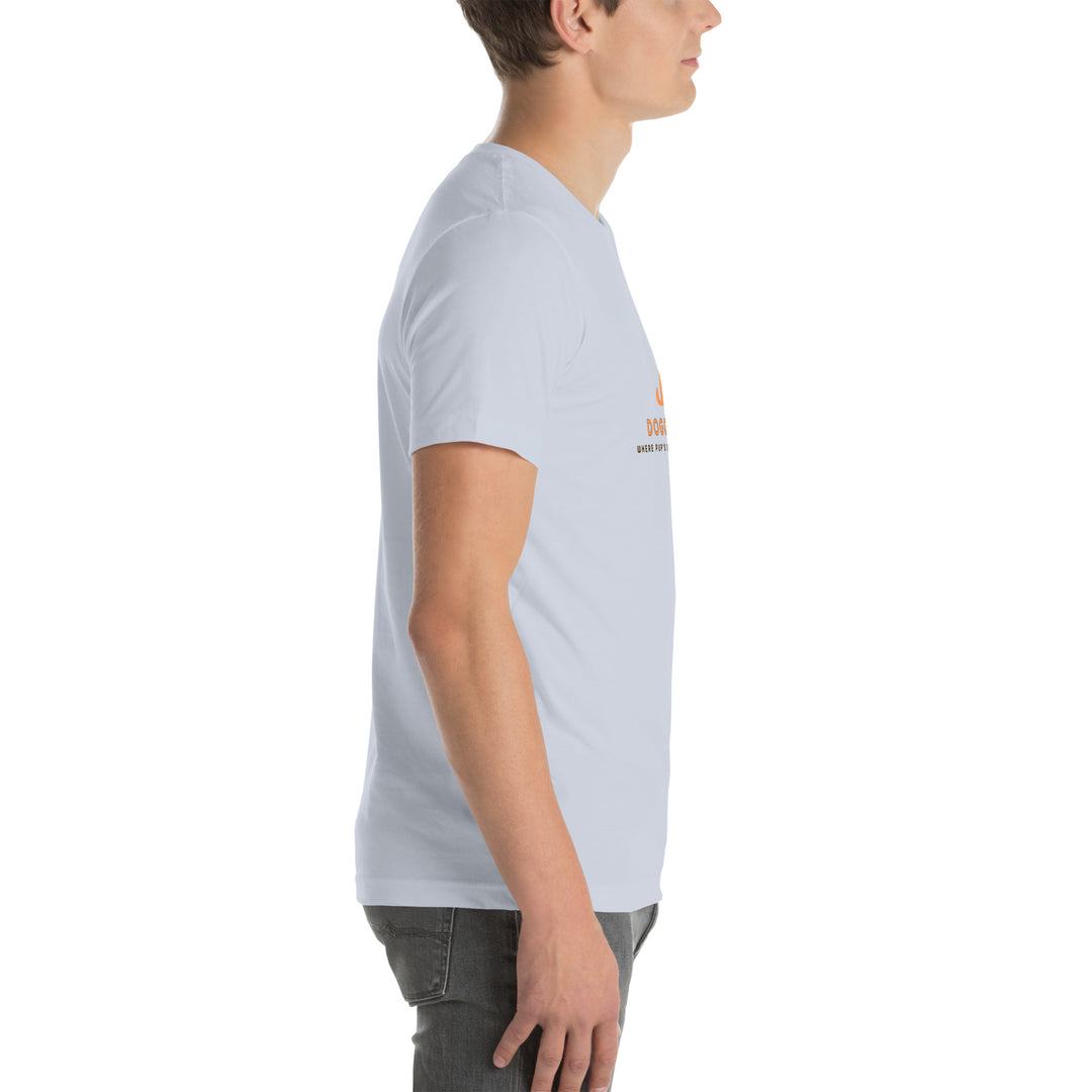 Person wearing a light gray t-shirt with a logo on a white background