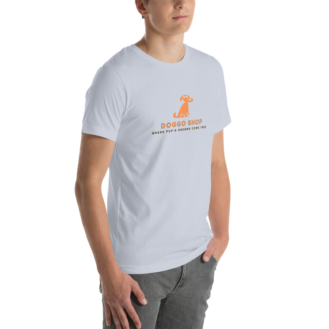 Person wearing a light gray t-shirt with 'Doggoshop' logo on a white background