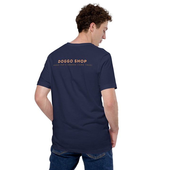Person wearing a navy blue t-shirt with 'DOGGO SHOP' printed on the back, standing against a white background.