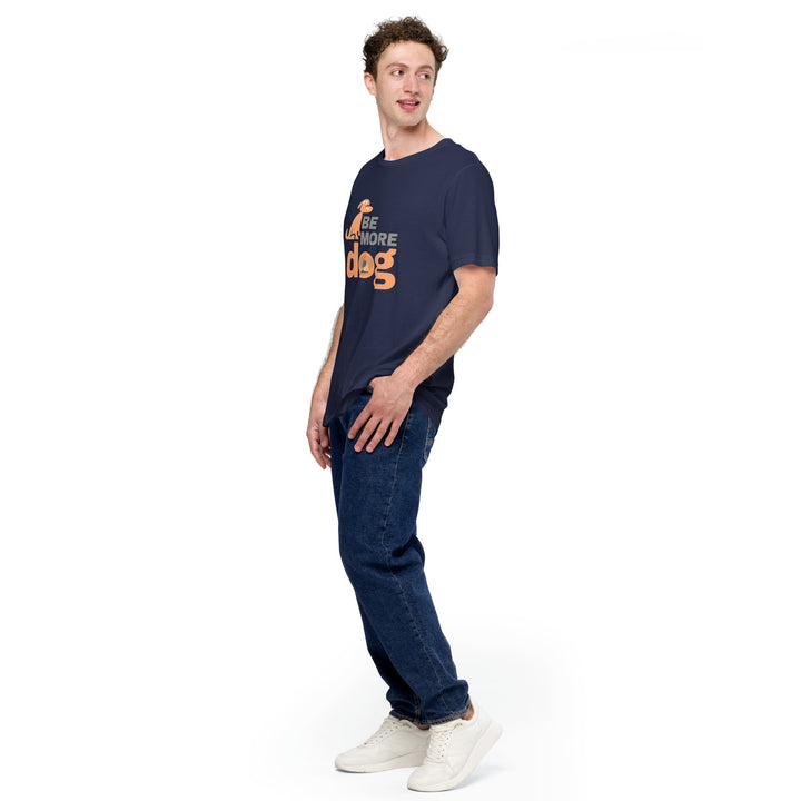 Man wearing a navy blue t-shirt with text and jeans on a white background