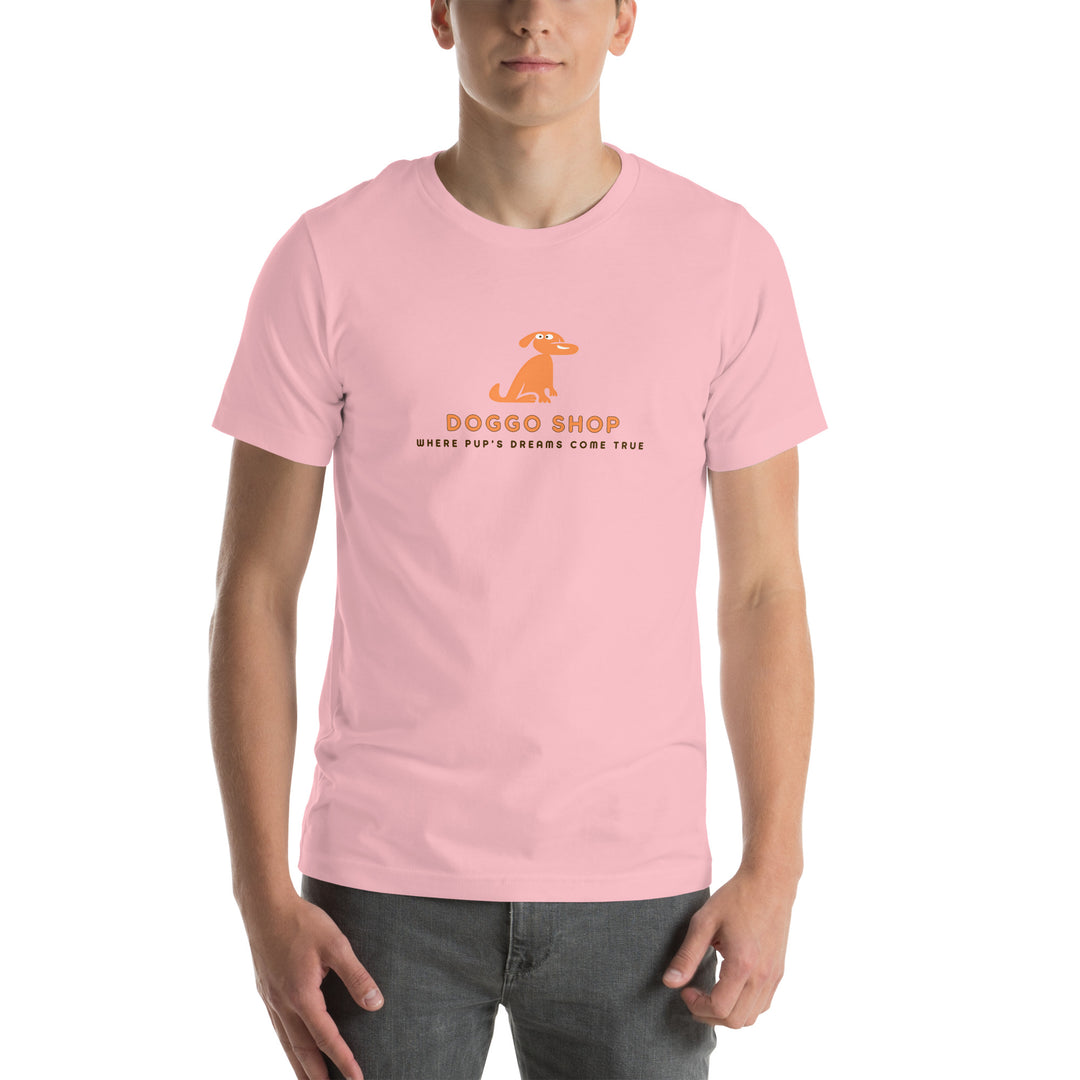 Person wearing a pink t-shirt with 'Doggoshop' logo on a white background