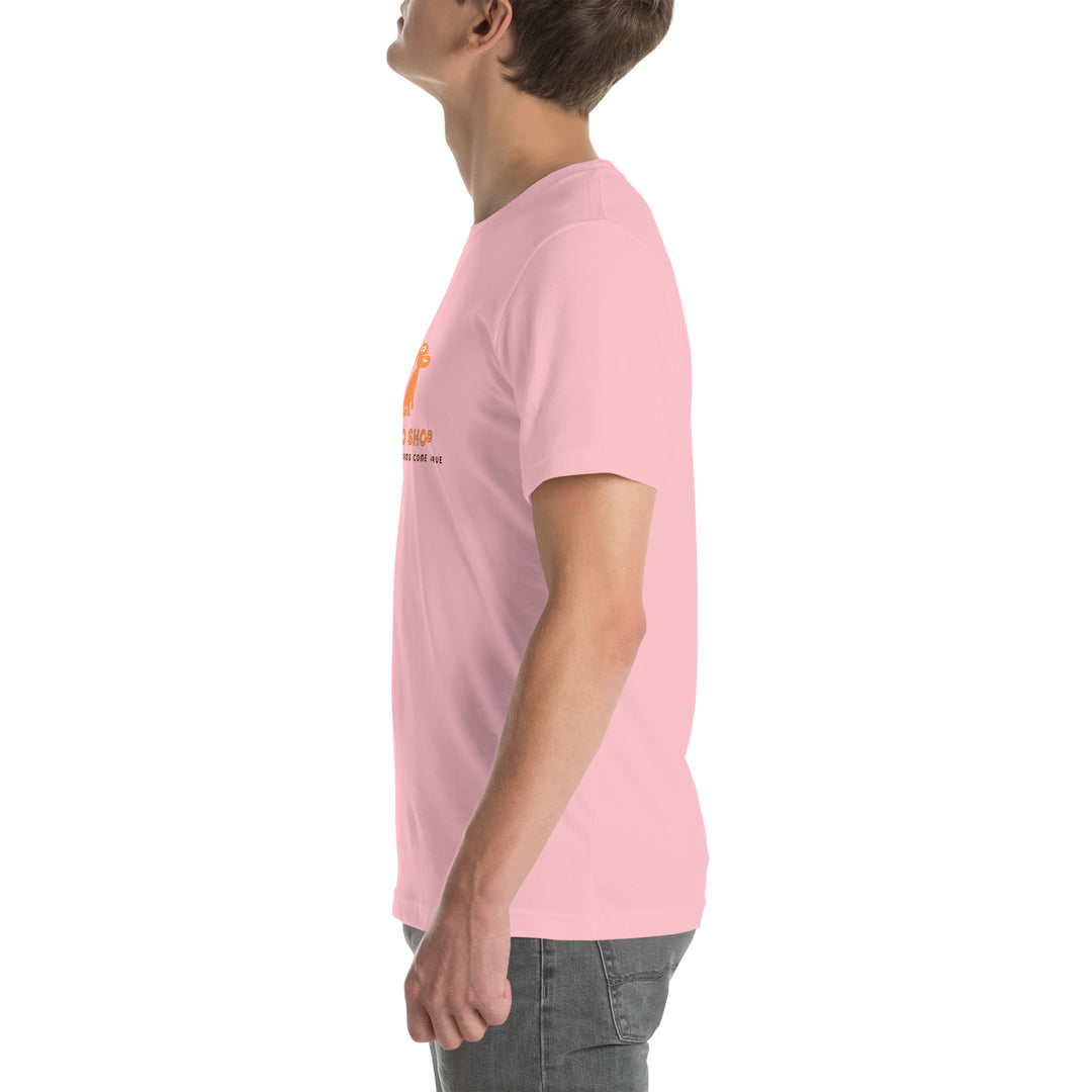 Person wearing a pink t-shirt with a logo on a white background