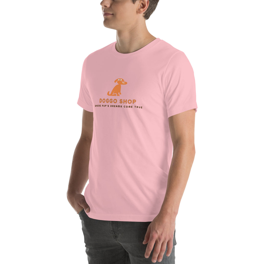 Person wearing a pink t-shirt with a logo and text on a white background