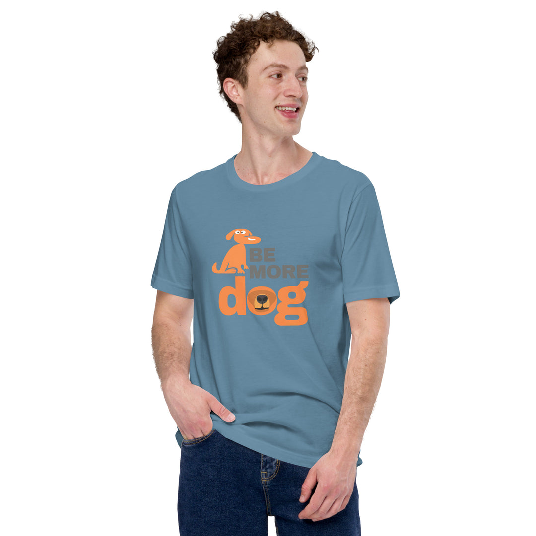 Man wearing a blue t-shirt with orange text and graphic on a white background