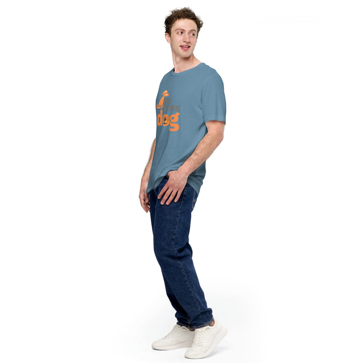 Person wearing a blue t-shirt with text and jeans on a white background