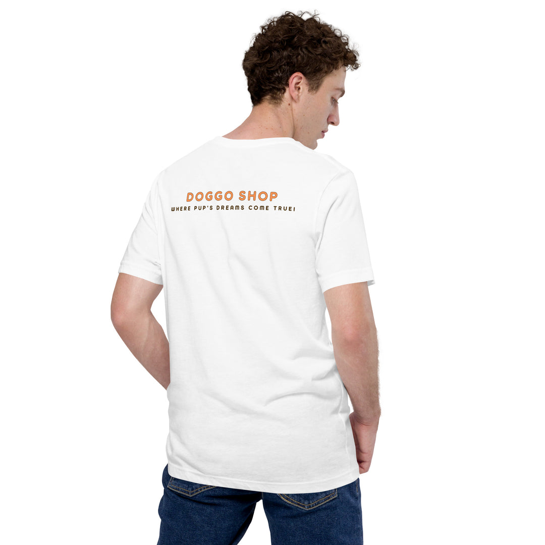 Man wearing a white t-shirt with 'Doggo Shop' text on the back, standing against a white background