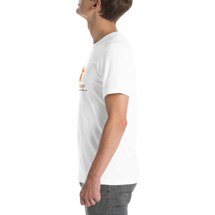 Person wearing a white t-shirt with a logo on the chest against a white background
