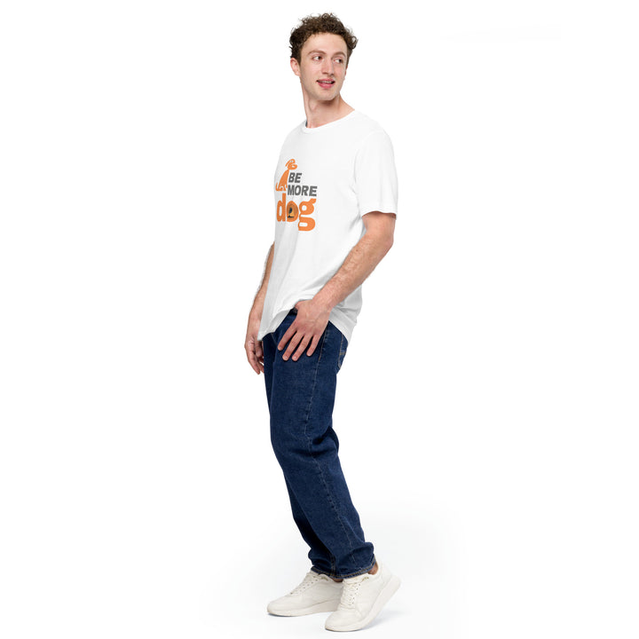 Man wearing a white t-shirt with text and blue jeans on a white background