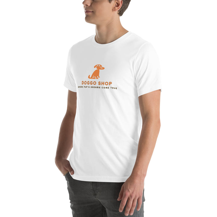 Person wearing a white t-shirt with doggo shop logo on a white background