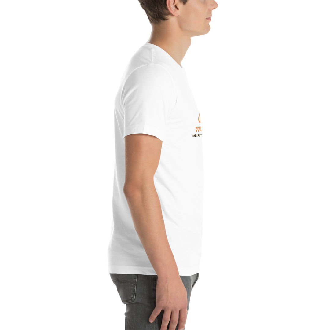 Person wearing a white t-shirt with a logo on a white background