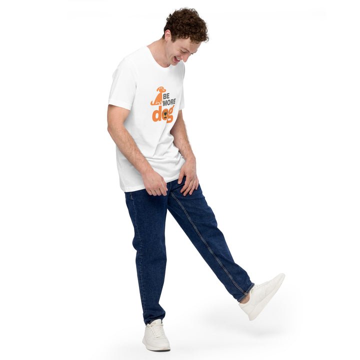 Person wearing a white t-shirt with text and blue jeans on a white background