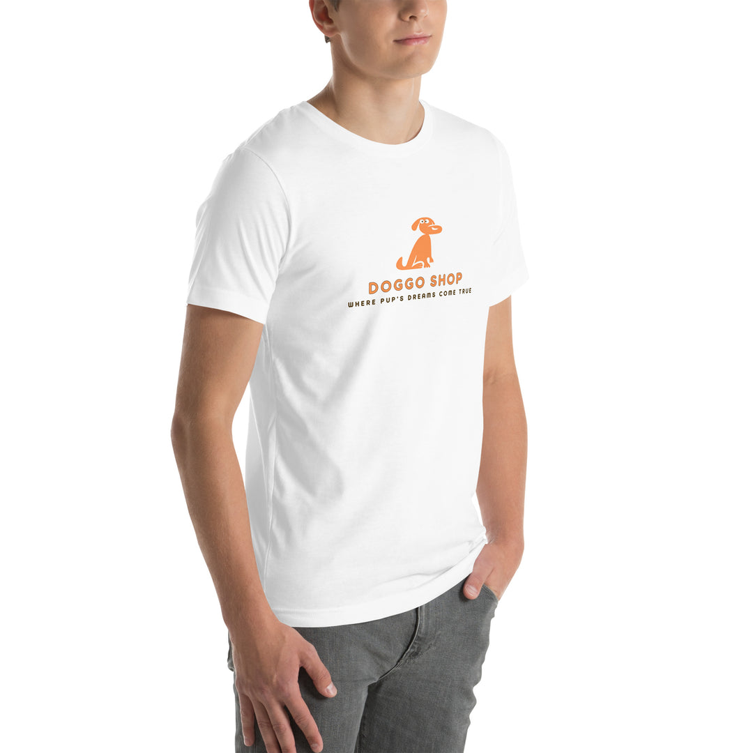 Person wearing a white t-shirt with doggo shop logo on a white background